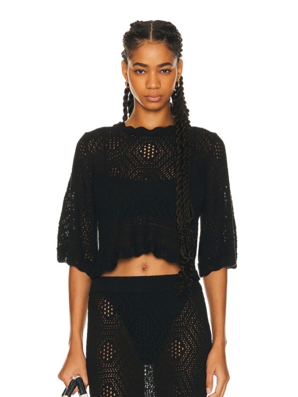 Posse Black Cropped Crochet Knit Top